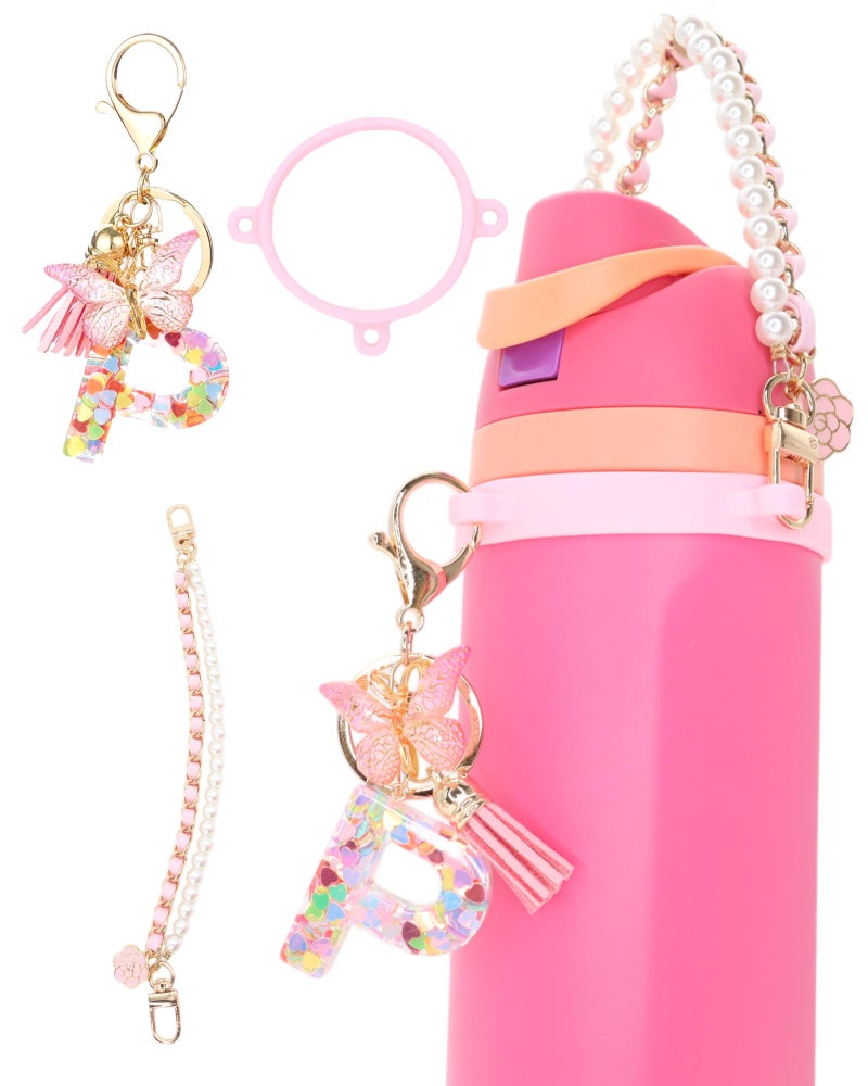 TOVICE Letter Accessories for Owala Water Bottle 24-40oz, 3PC Cute Initial Keychain & Water Bottle Handle Strap with a Thick Elastic Silicone Ring Holder - Image 1